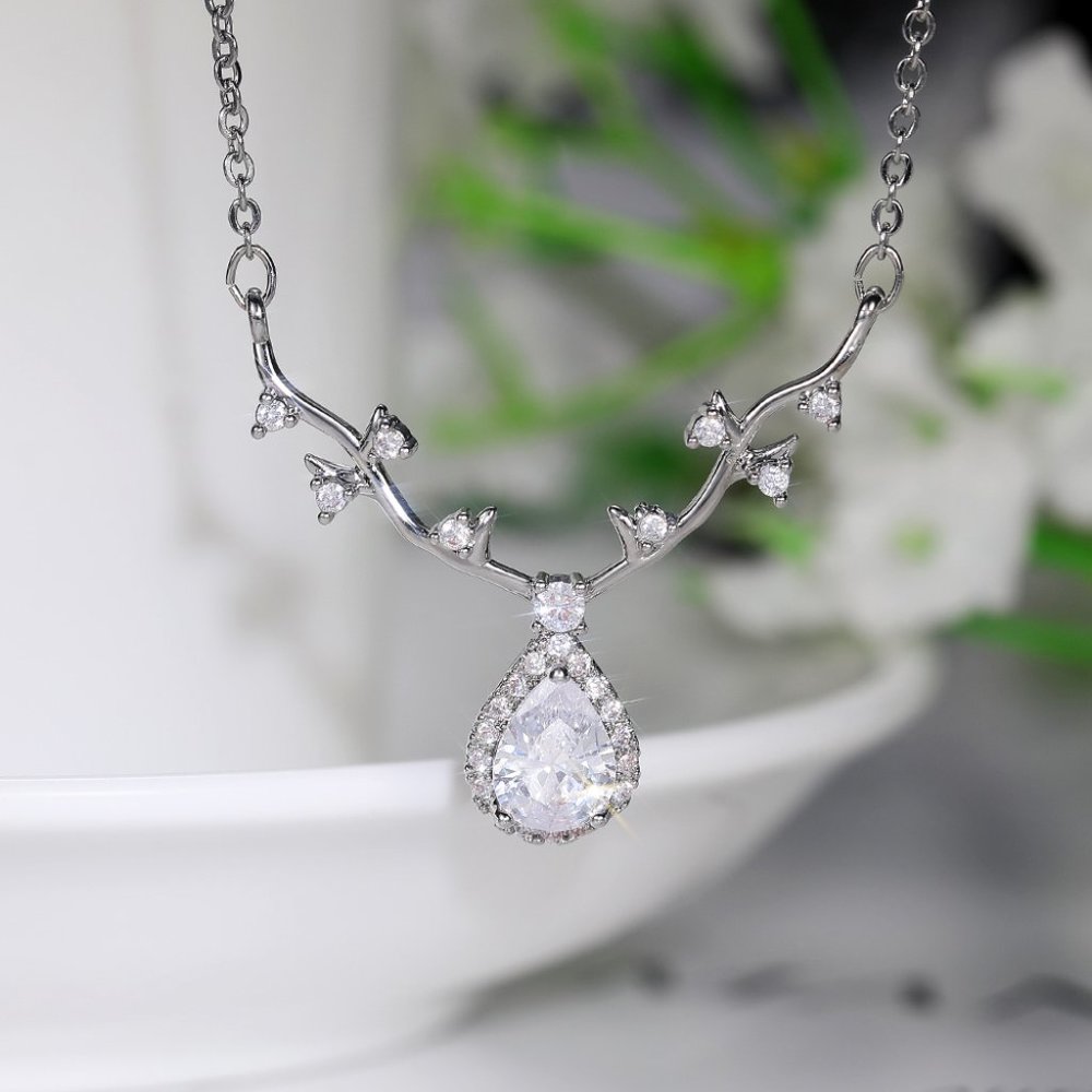 Antler Water Drop Pure CZ Pear Pendent Necklace